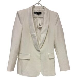 Zara Womens Tuxedo Blazer Suit Jacket Size M White Satin Lapel 7855/542 NWT